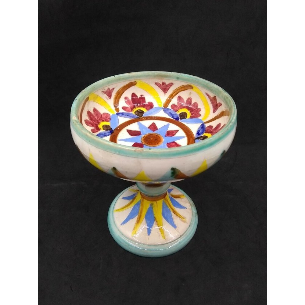 Vtg midcentury geometric marked Italy Assisi Colorful Pedestal footed Vase 6.25"